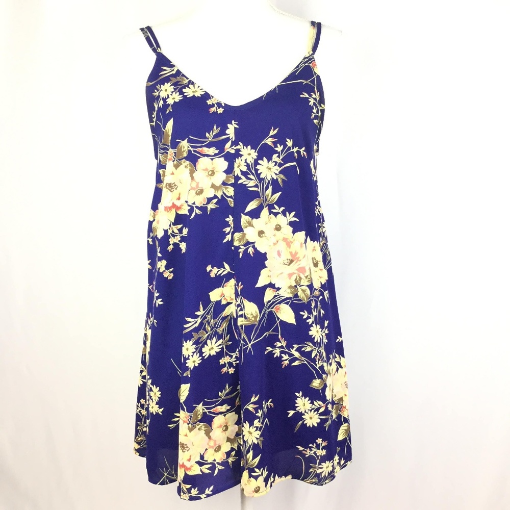 Blue Floral Yellow Romper Tie Back Spaghetti Strap